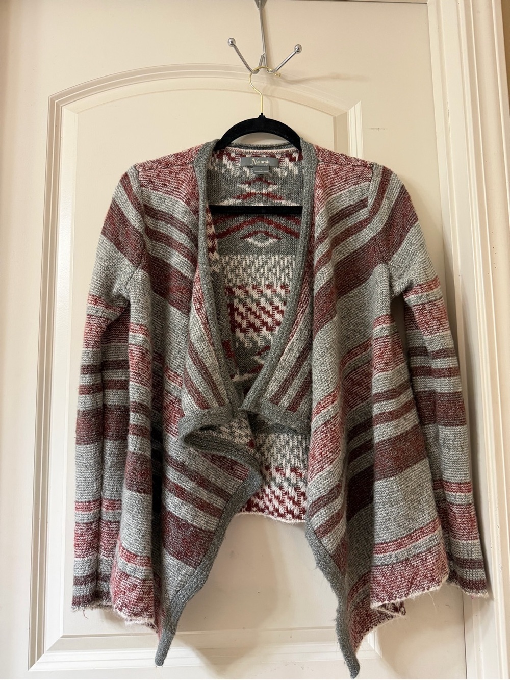 Natural Reflections Striped Open-Front Cardigan in Gray & Maroon